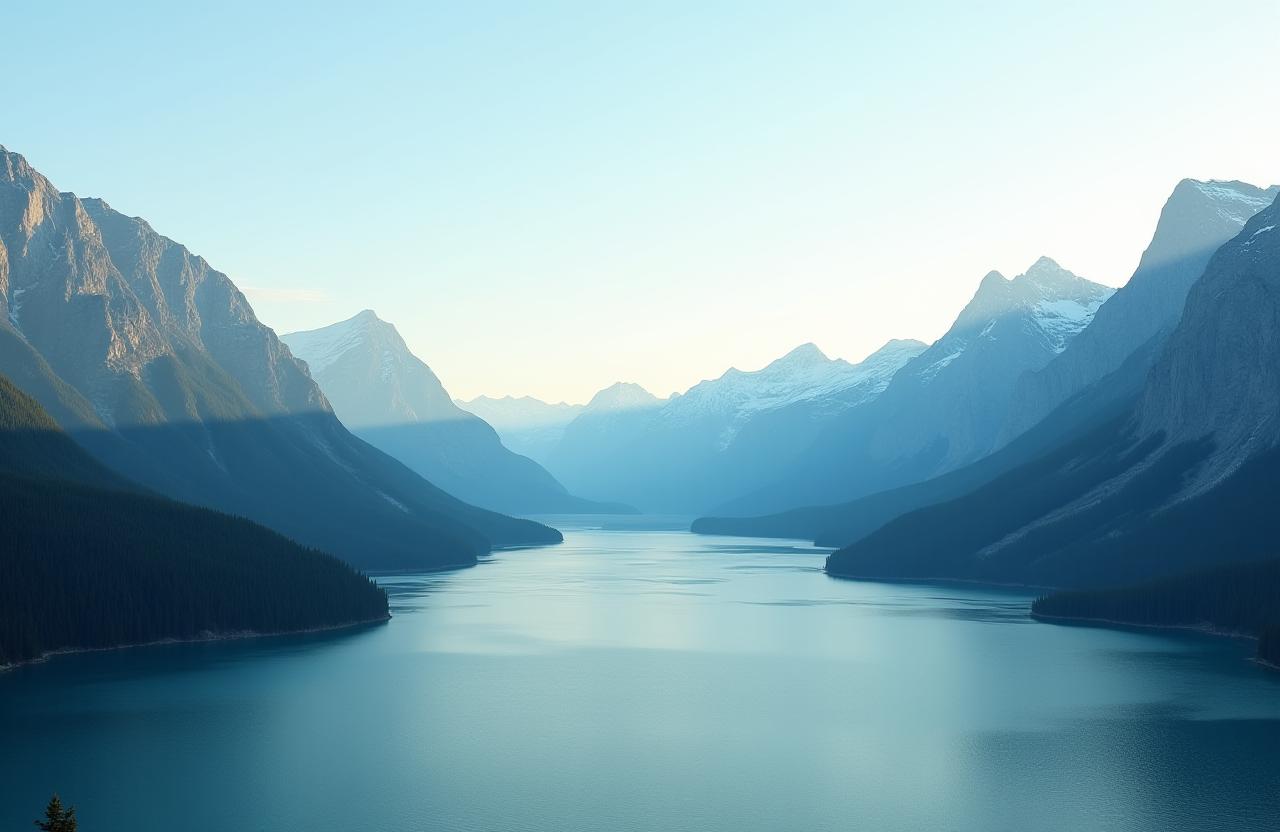 Panoramic view of mountains and a lake in Banff, Canada.