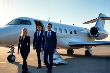 Business professionals boarding a sleek private jet, representing efficient corporate travel.
