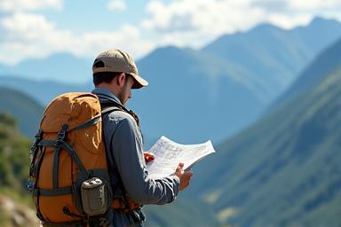A traveler consulting a map with a backpack and scenic mountains in the background, symbolising custom itinerary planning.
