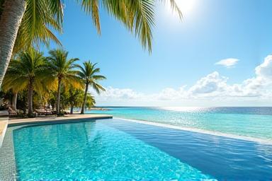 An inviting infinity pool overlooking a pristine tropical ocean at an exclusive luxury resort.